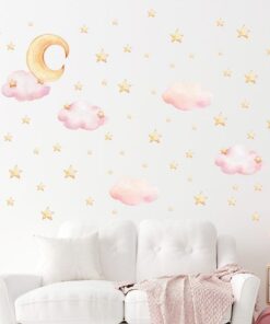 Stickers Chambre Fille - Nuages Rose Pâle et Etoiles