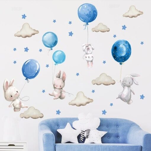 Stickers Chambre Garçon - Lapins Ballons Bleus