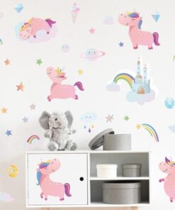 Stickers Chambre Bébé - Licornes Roses Arc en Ciel