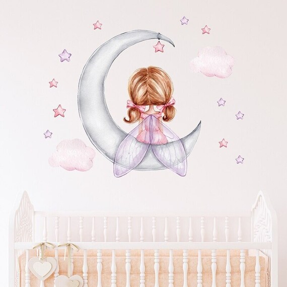 Autocollants Muraux Papillons Fille - Déco Chambre Enfant Avec Lune, Nuages, Fée - Sticker PVC 30x60 Cm (2 Feuilles)