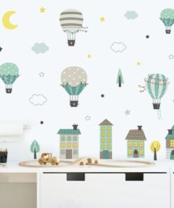 Stickers Chambre Bébé - Montgolfières Nuages Ville
